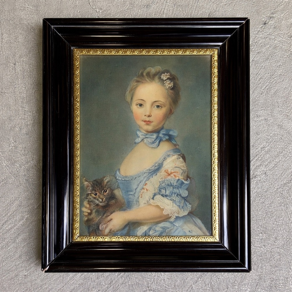 Vintage Framed Portrait Girl Cat Print Black Gold Frame Wall Art Cottagecore